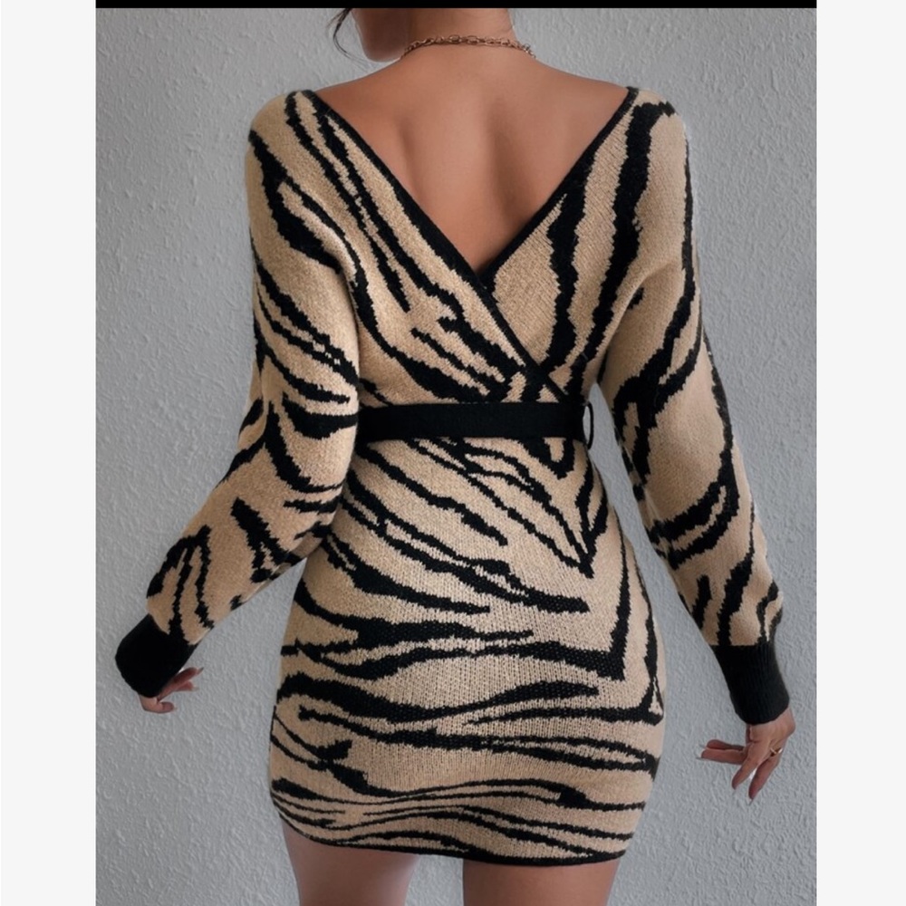 Cozy Off Shoulder Zebra Striped Pattern Batwing Sleeve Belted Sweater Dress - Picture 2 of 5
